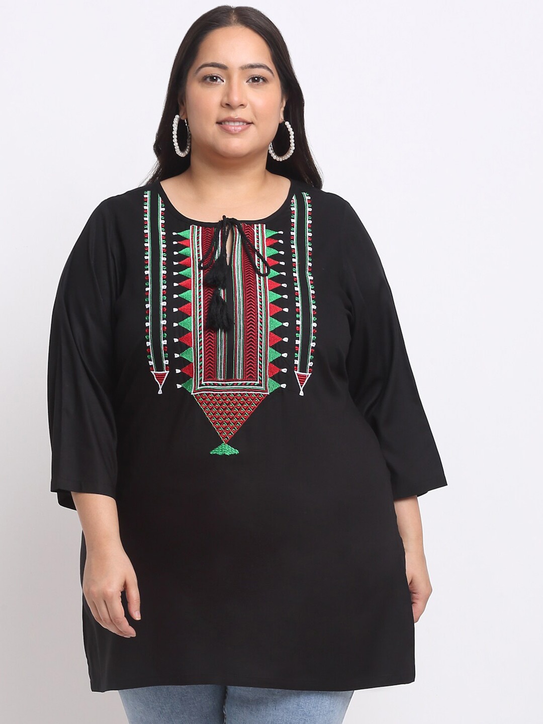 

plusS Plus Size Geometric Embroidered Keyhole Neck Top, Black