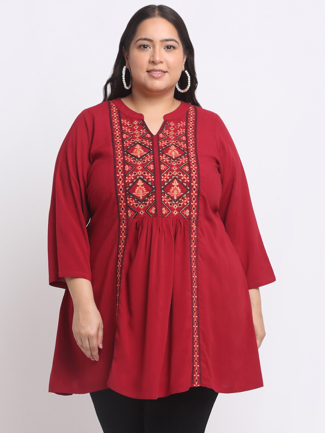 

plusS Plus Size Ethnic Motifs Embroidered Top, Maroon