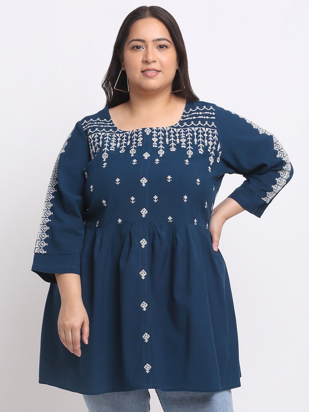 

plusS Plus Sise Ethnic Motifs Printed Longline Top, Blue