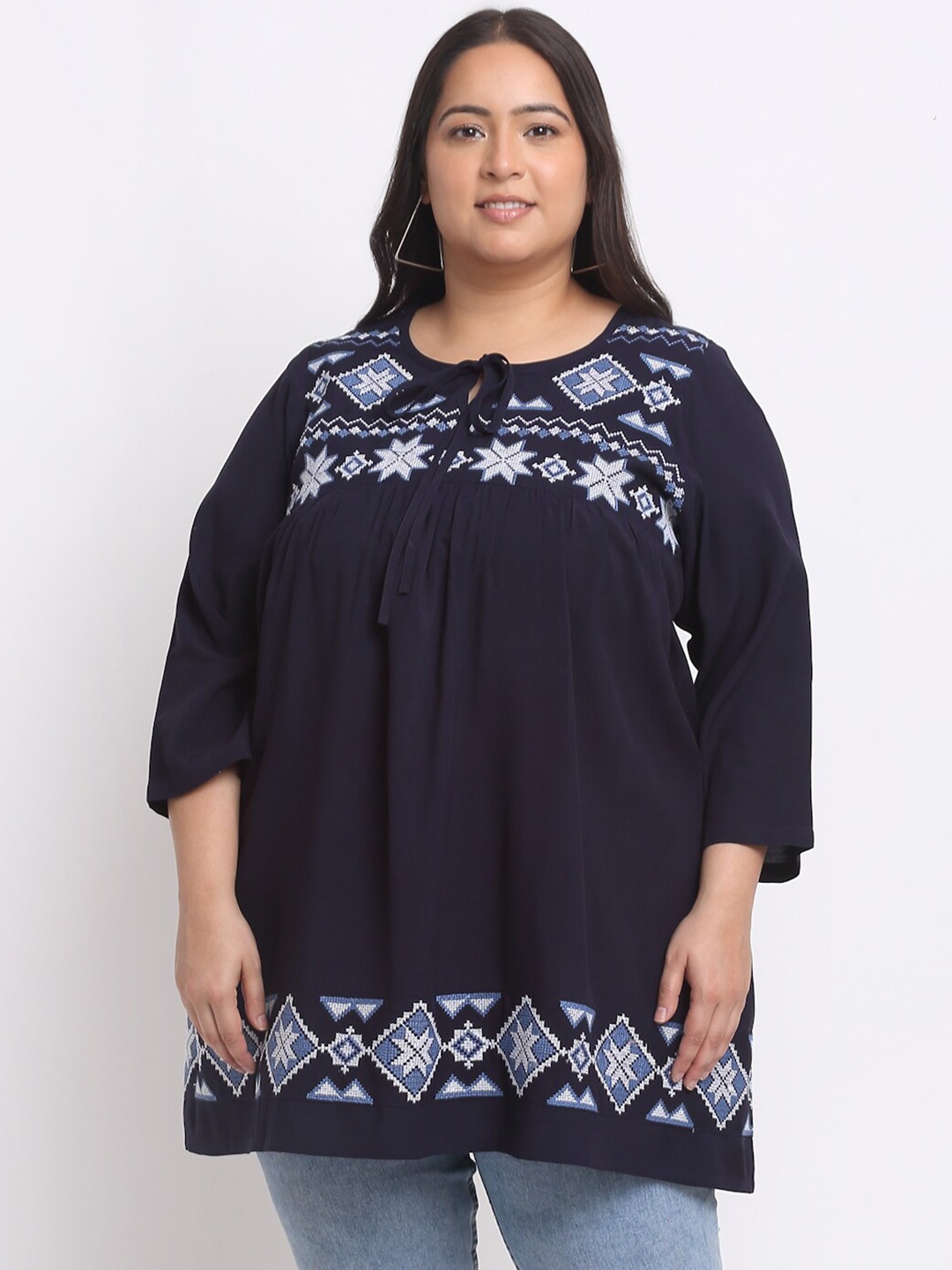 

plusS Plus Size Geometric Embroidered Keyhole Neck Top, Navy blue