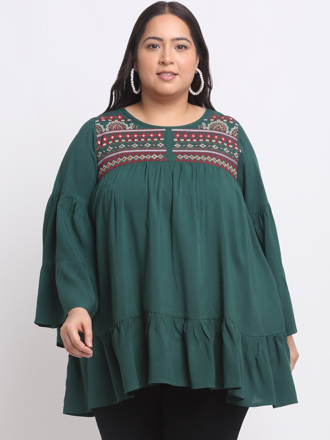 

plusS Plus Size Ethnic Motif Embrodered Bell Sleeve Top, Green