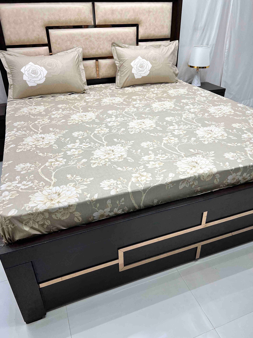 

Pure Decor Lifestyle Beige Floral Pure Cotton 300 TC King Bedsheet & 2 Pillow Covers