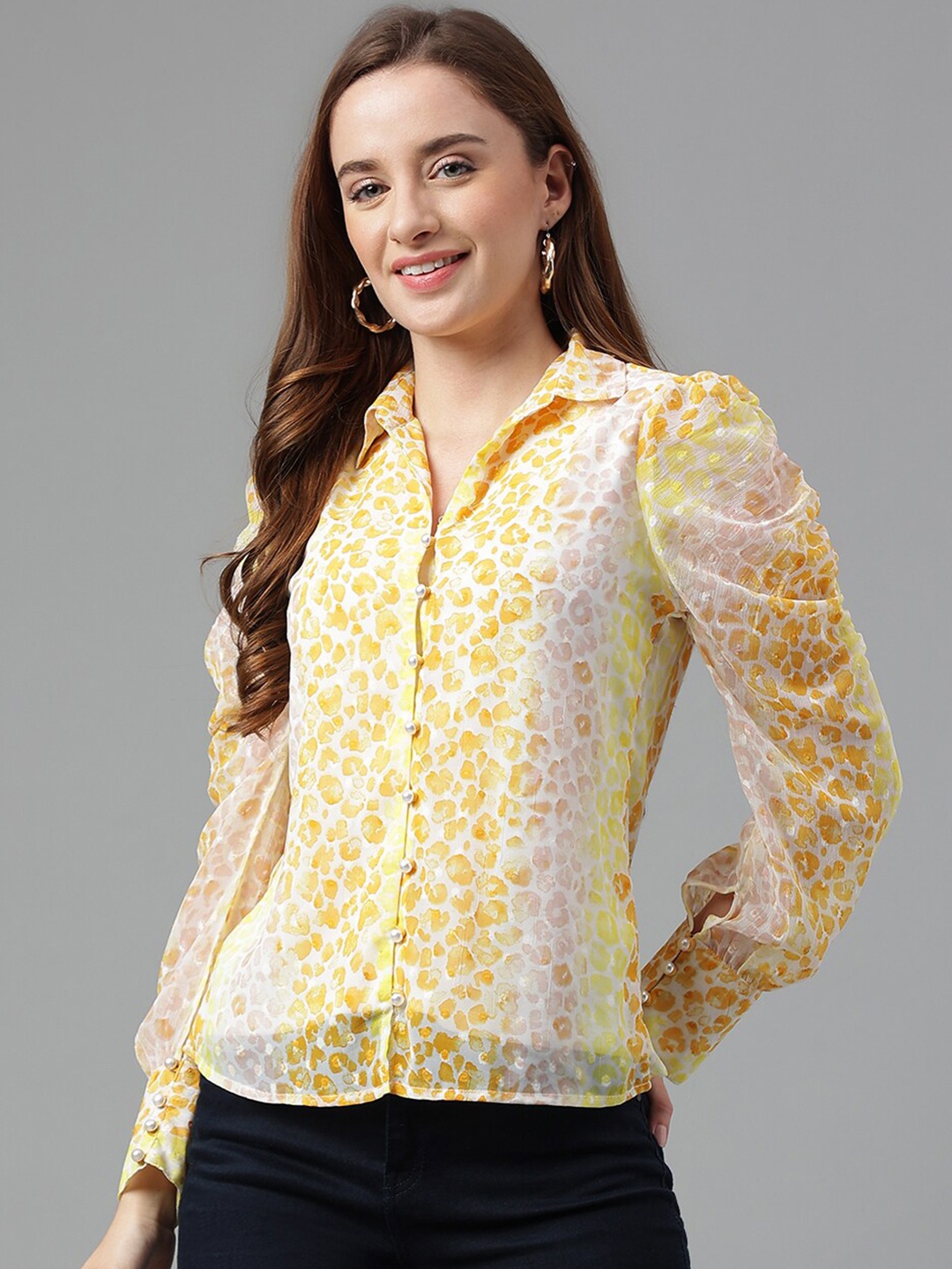 

Latin Quarters Faded Spread Collar Puff Sleeve Casual Shirt, Yellow