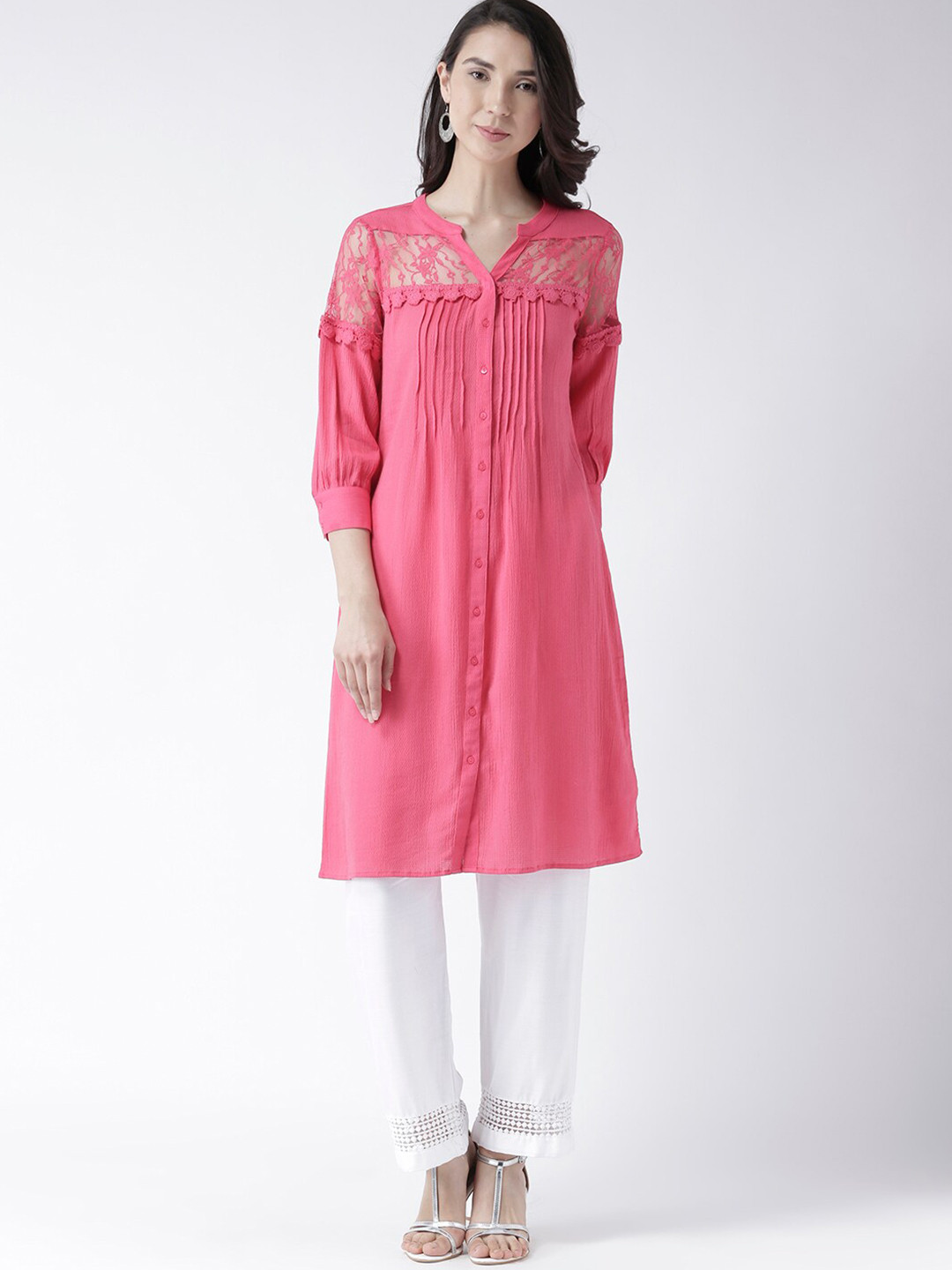 

Fusion Beats Self Design Mandrian Collar A-Line Kurta, Pink