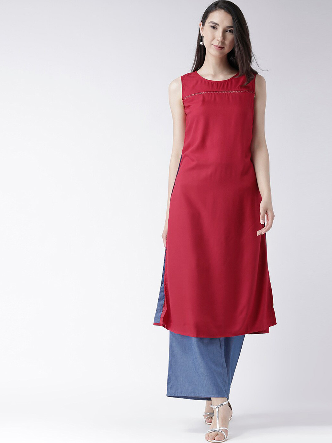 

Fusion Beats Self Design Round Neck Straight Kurta, Red