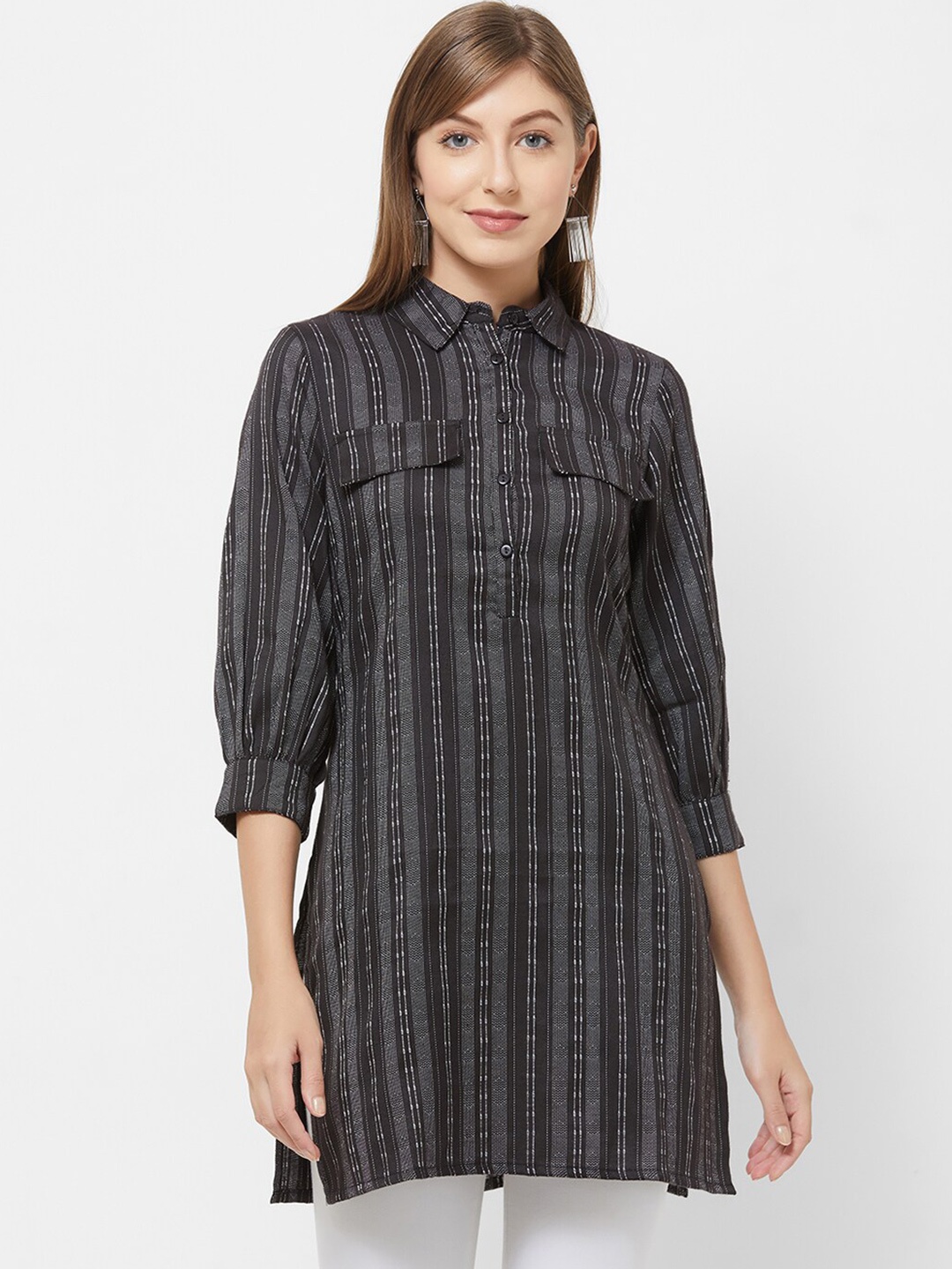 

Fusion Beats Striped Shirt Collar Kurti, Black