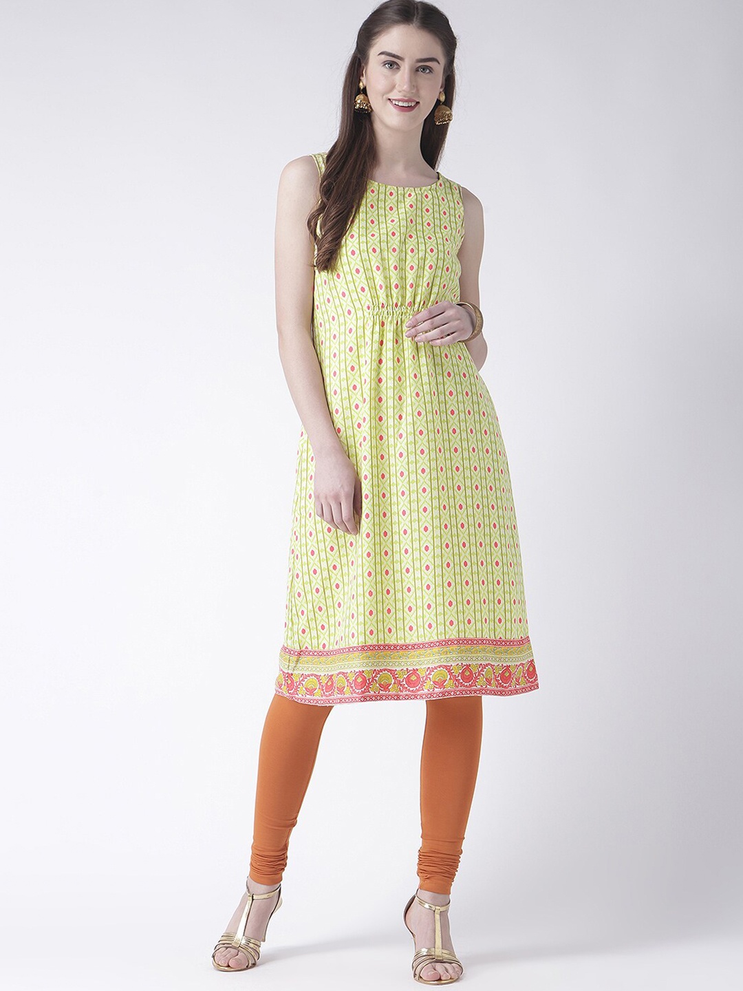 

Fusion Beats Geometric Printed Round Neck A-Line Kurta, Lime green