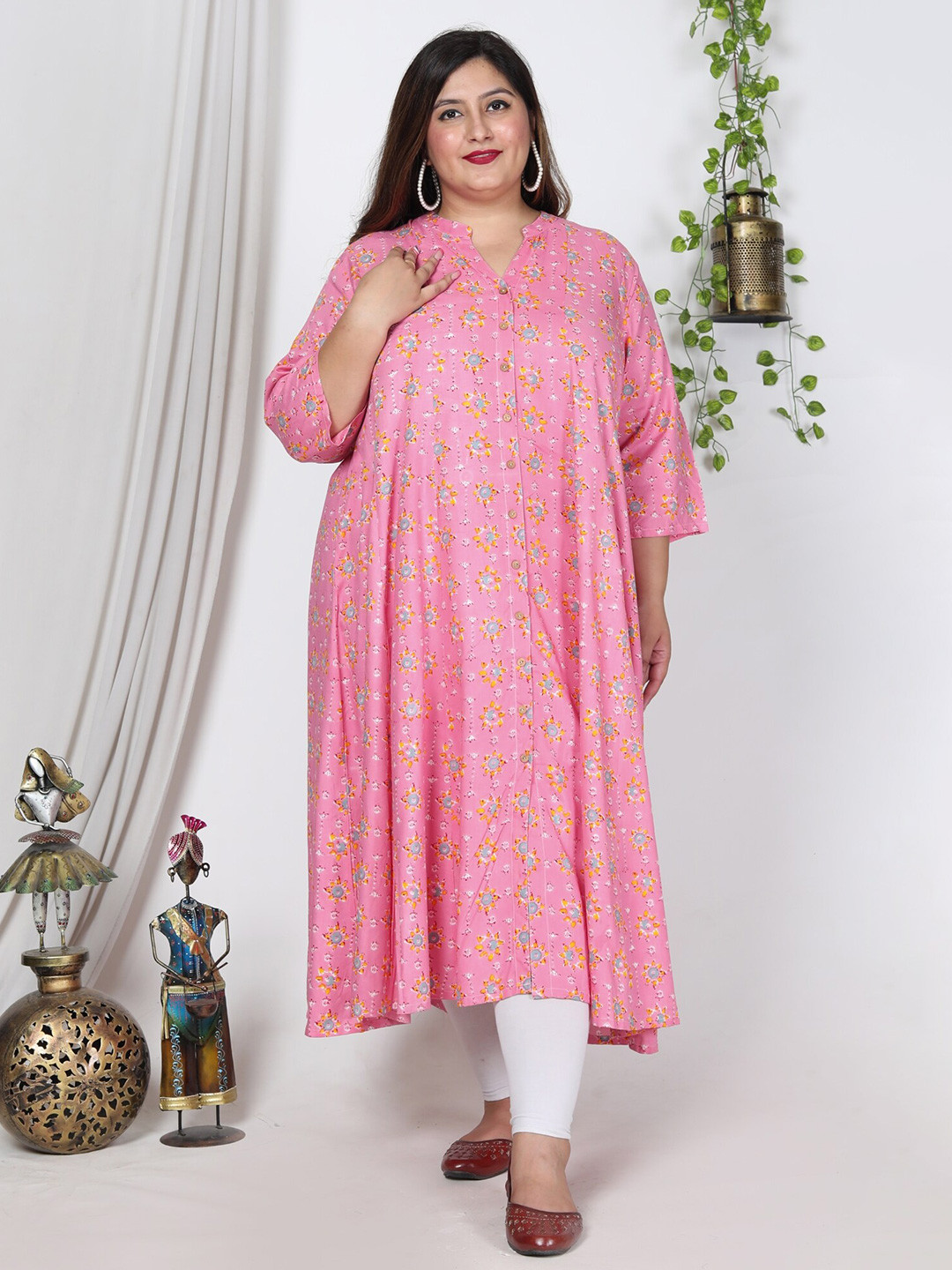 

Swasti Plus Size Floral Printed A-Line Kurta, Pink