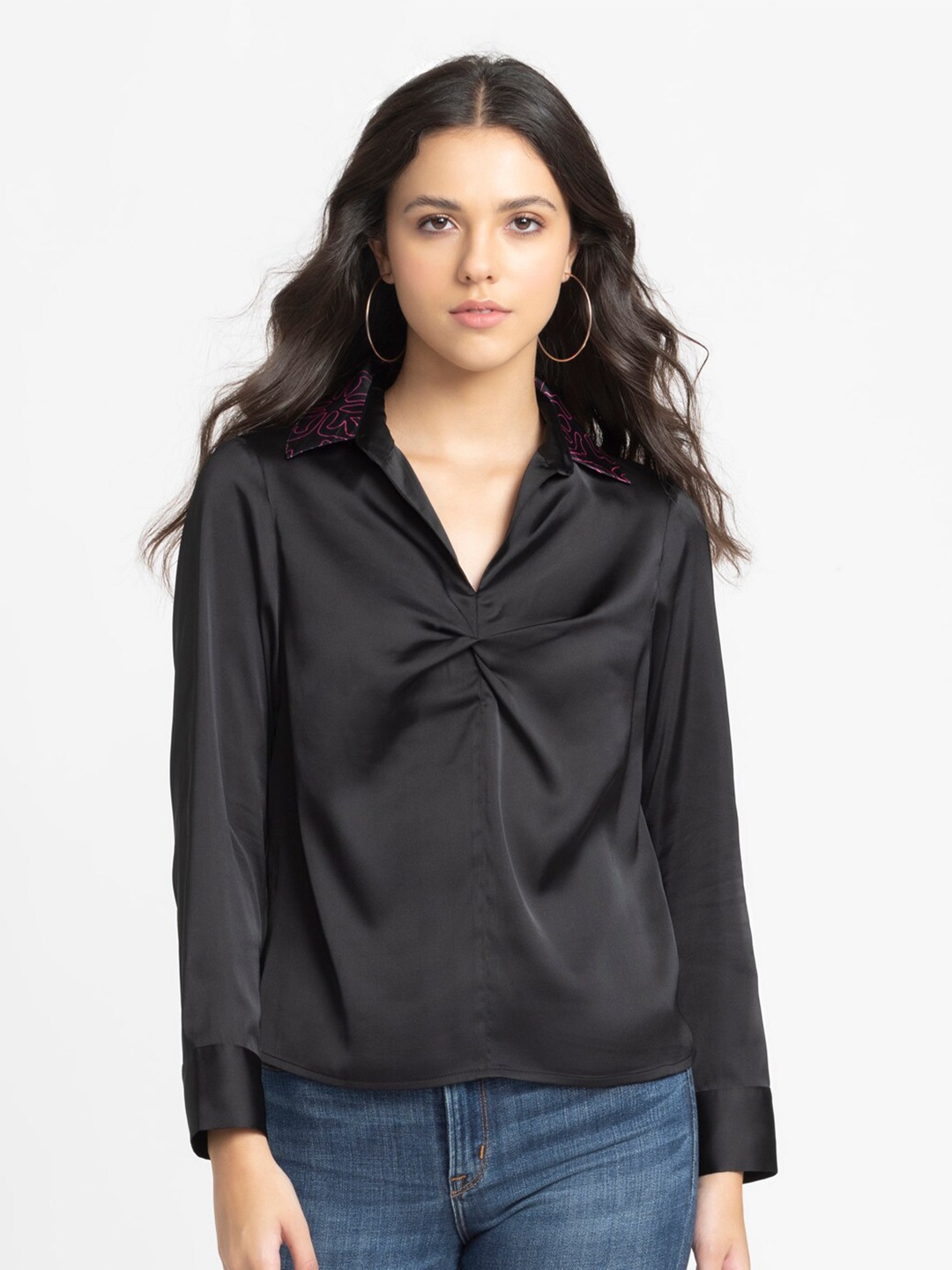 

SHAYE Twisted Front Detail Satin Shirt Style Top, Black