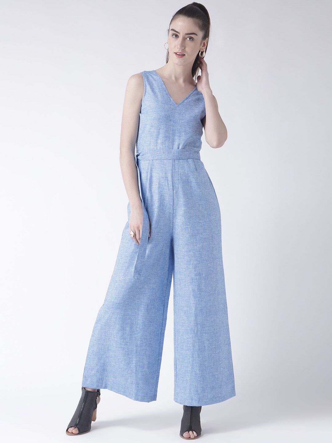 

Fusion Beats V-Neck Sleeveless Basic Jumpsuit With Belt, Blue