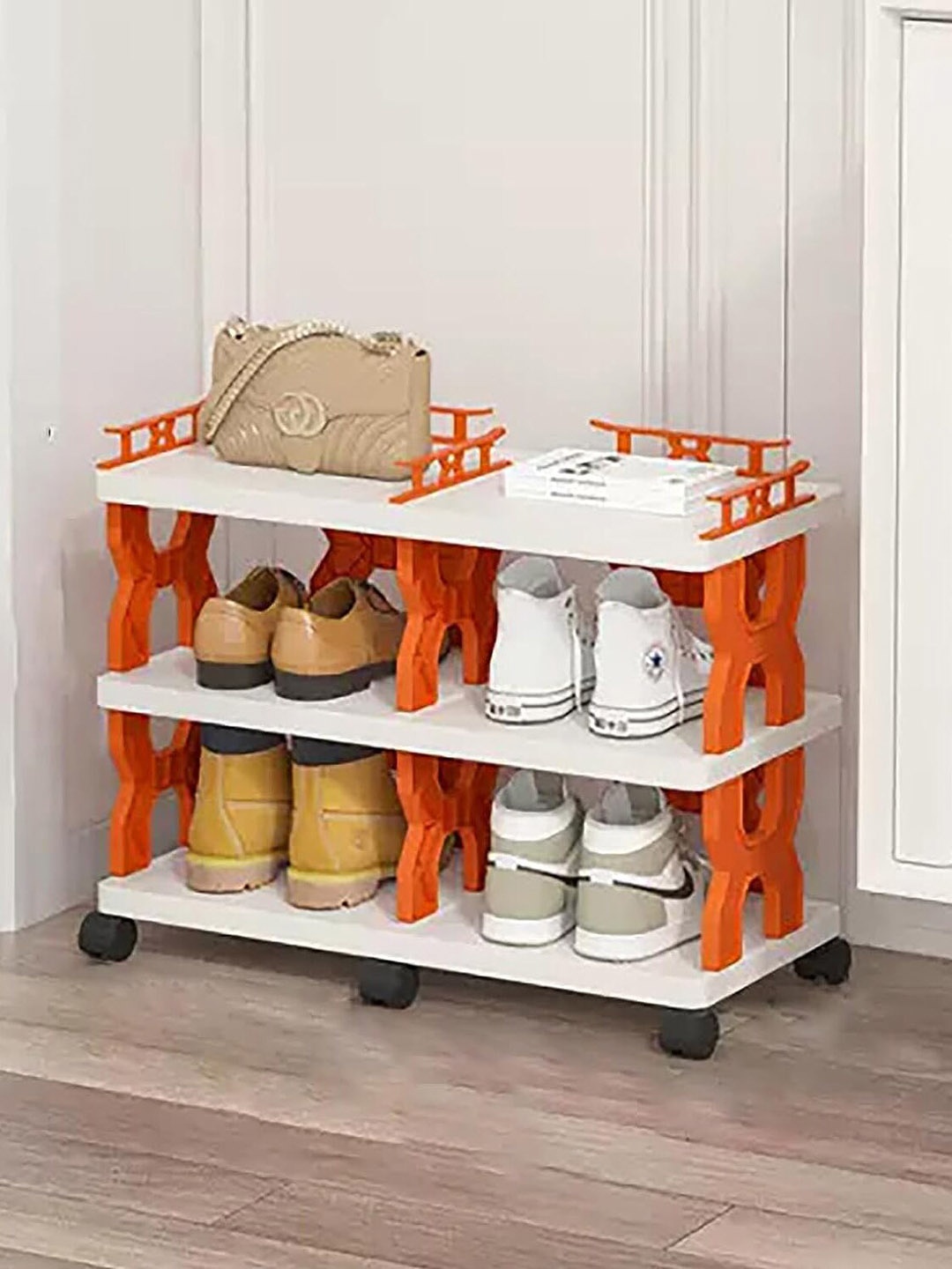 

HOUSE OF QUIRK White & Orange-Colored 3-Tier Multi-Utility Shoe Rack