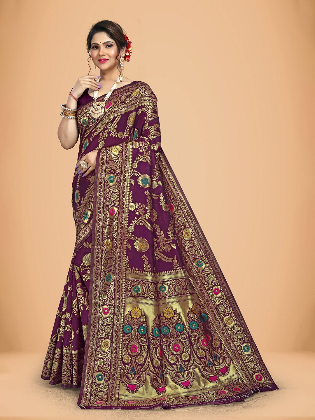 

Rivana Ethnic Motifs Woven Design Zari Silk Blend Banarasi Saree, Purple