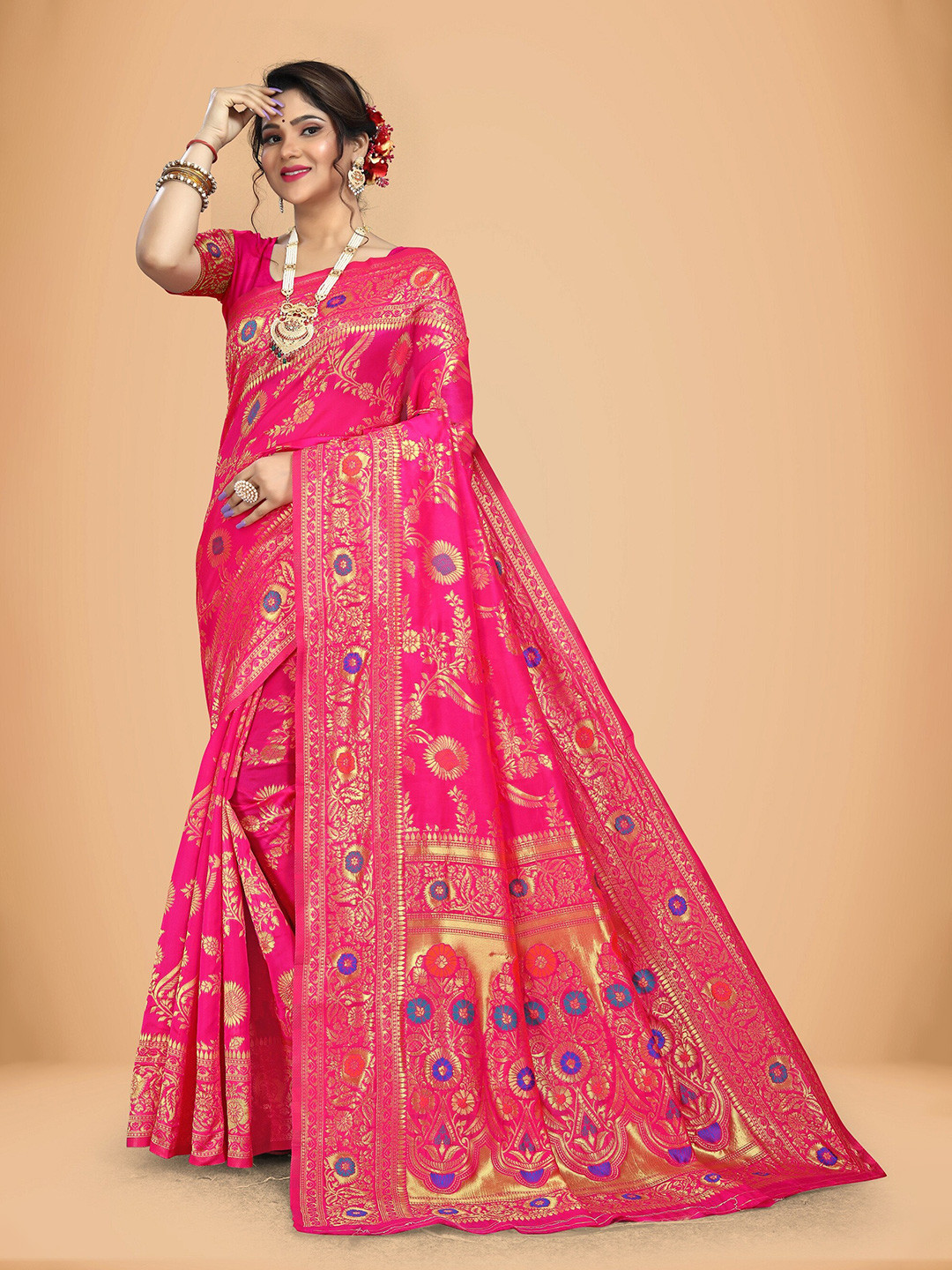

Rivana Ethnic Motifs Woven Design Zari Silk Blend Banarasi Saree, Pink