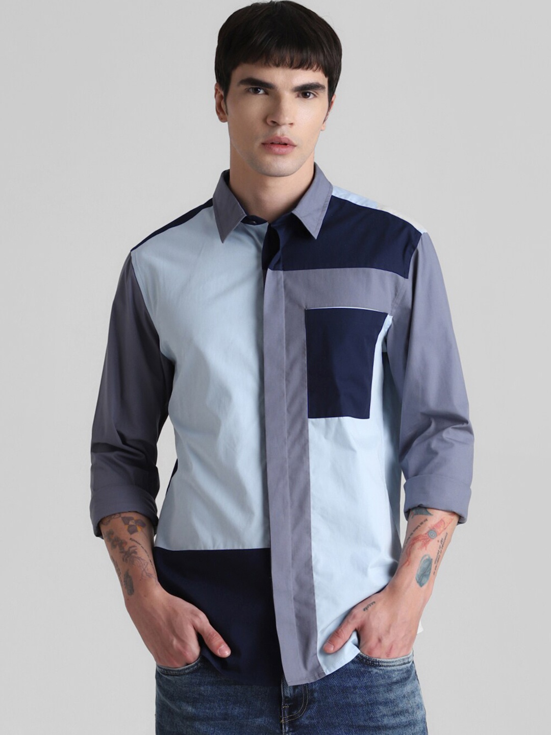 

Jack & Jones Colourblocked Opaque Slim Fit Pure Cotton Casual Shirt, Blue