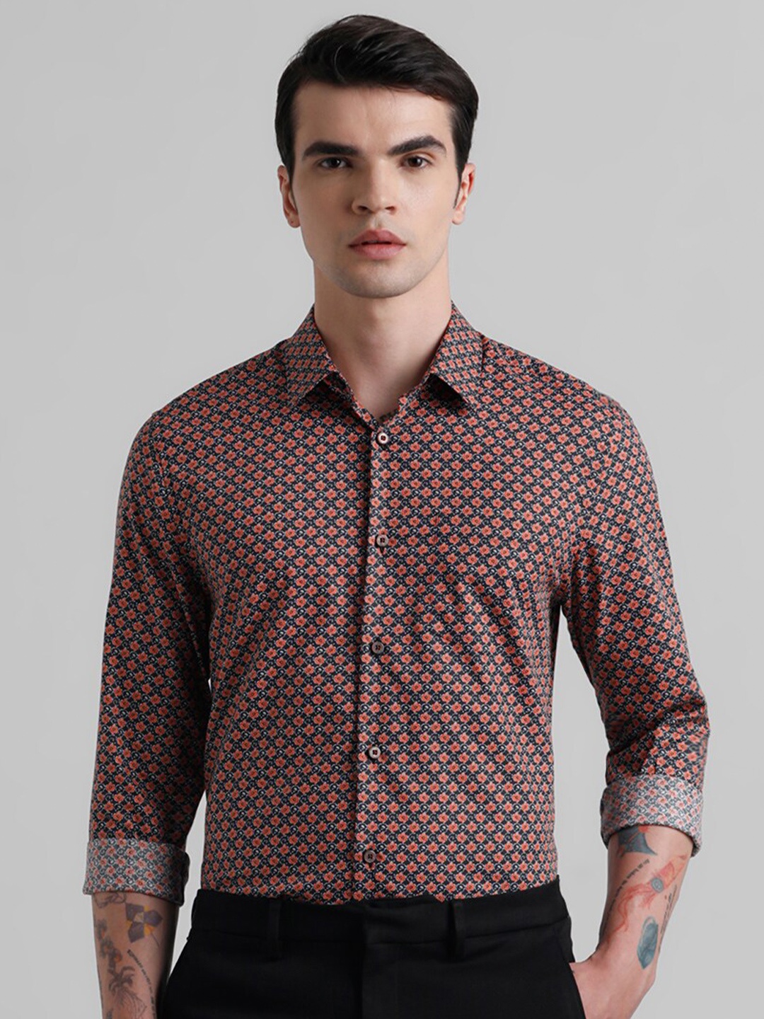 

Jack & Jones Floral Printed Slim Fit Pure Cotton Casual Shirt, Black