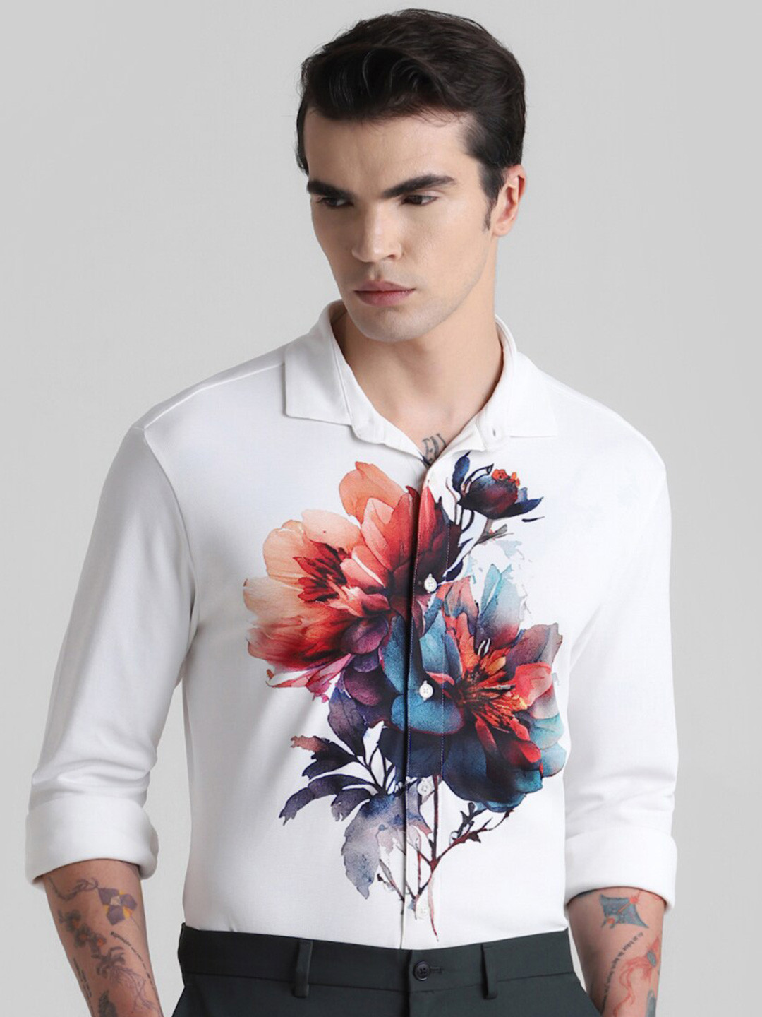

Jack & Jones Floral Printed Cutaway Collar Slim Fit Casual Shirt, White