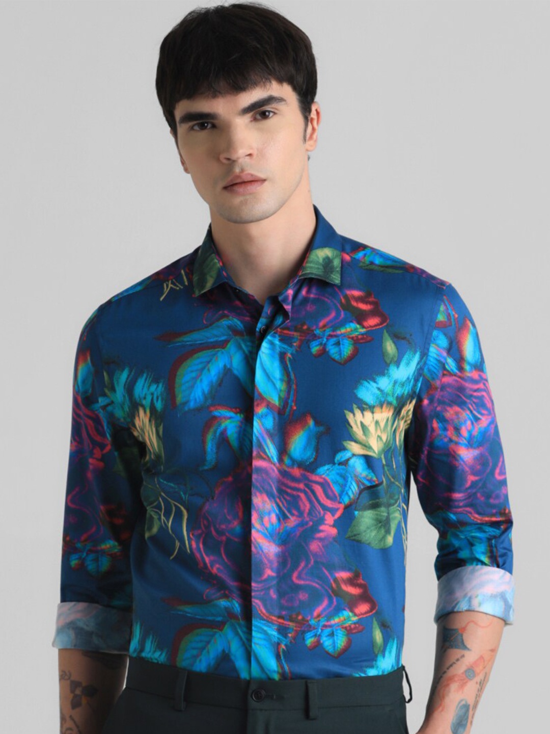 

Jack & Jones Floral Printed Opaque Slim Fit Pure Cotton Casual Shirt, Blue