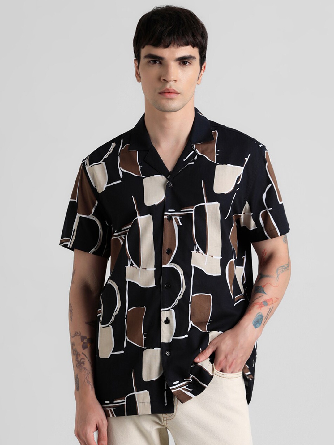 

Jack & Jones Abstract Print Cuban Collar Cotton Casual Shirt, Black