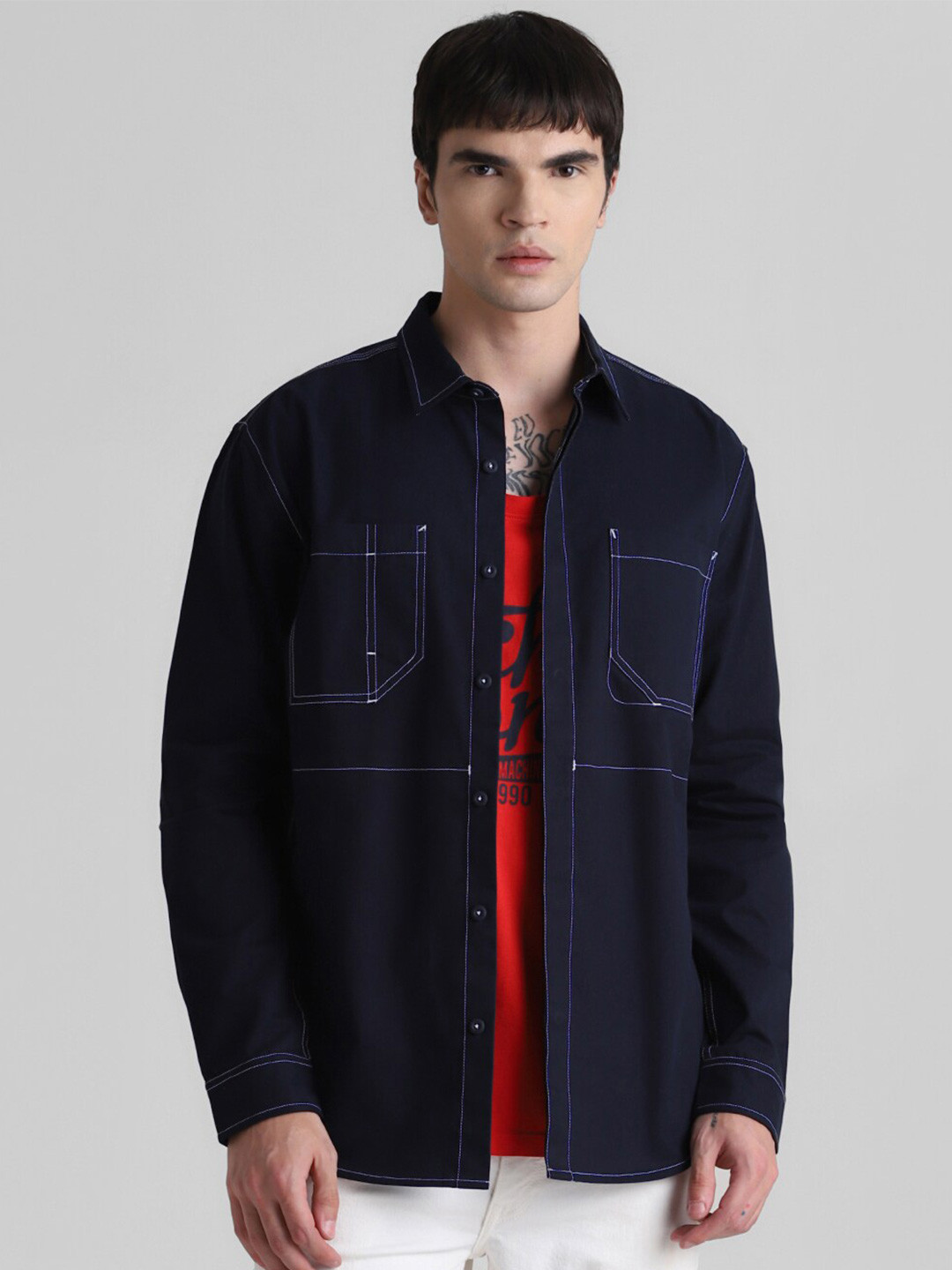 

Jack & Jones Spread Collar Long Sleeve Cotton Casual Shirt, Navy blue