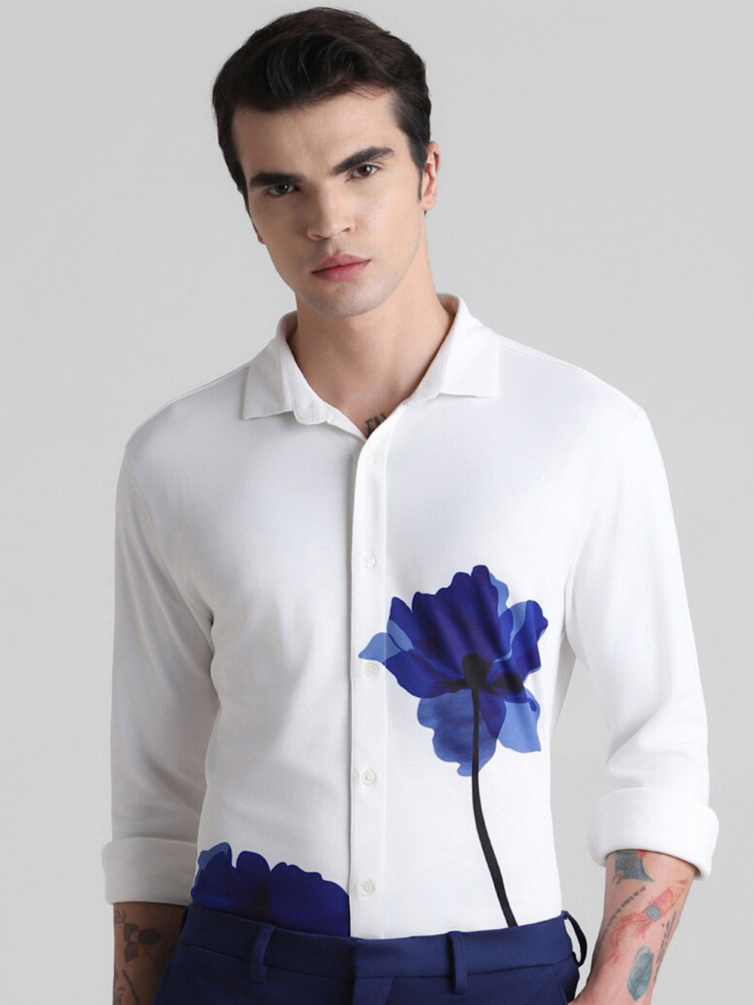

Jack & Jones Floral Print Spread Collar Long Sleeve Slim Fit Casual Shirt, White