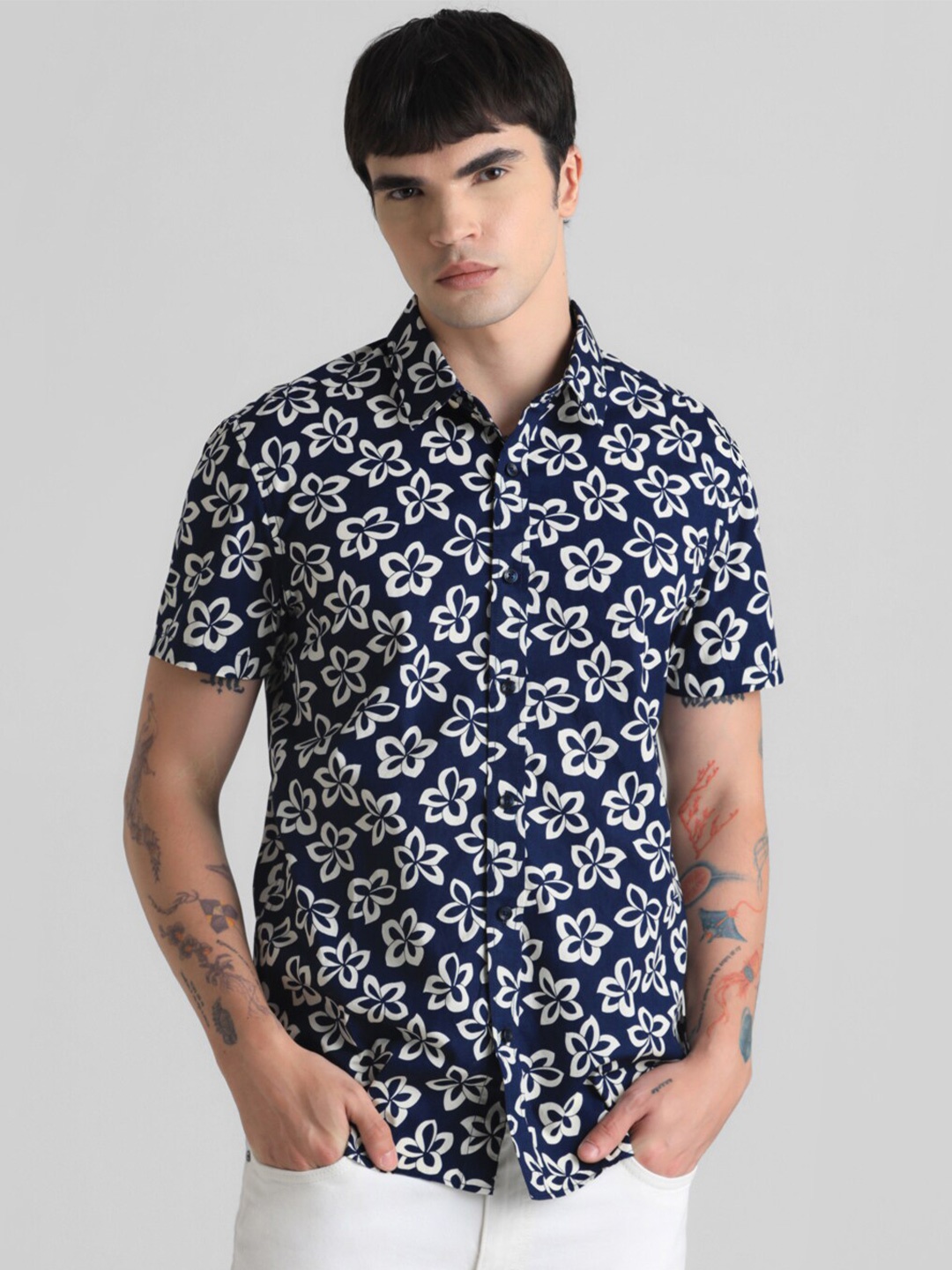 

Jack & Jones Floral Print Spread Collar Cotton Casual Shirt, Navy blue