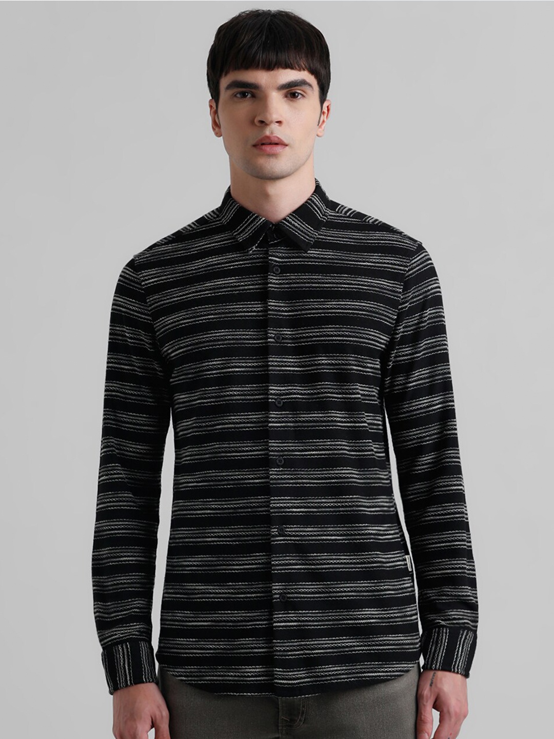 

Jack & Jones Striped Spread Collar Cotton Casual Shirt, Black