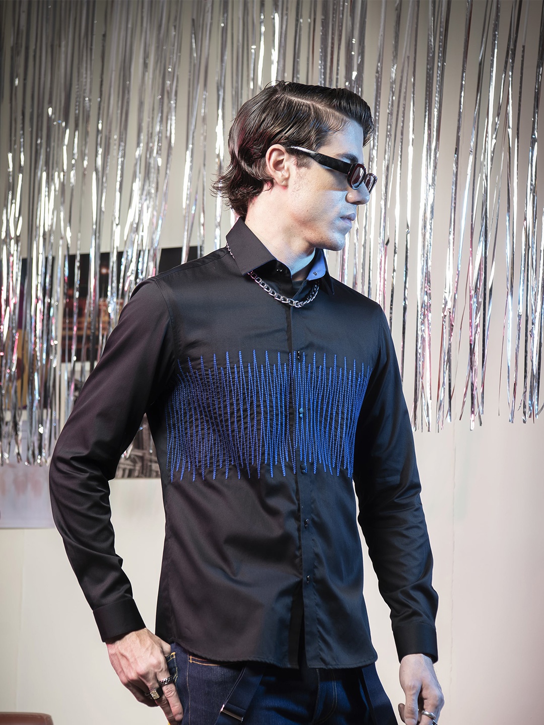 

ABKASA Sharp Slim Fit Embroidered Detailed Cotton Party Shirt, Black