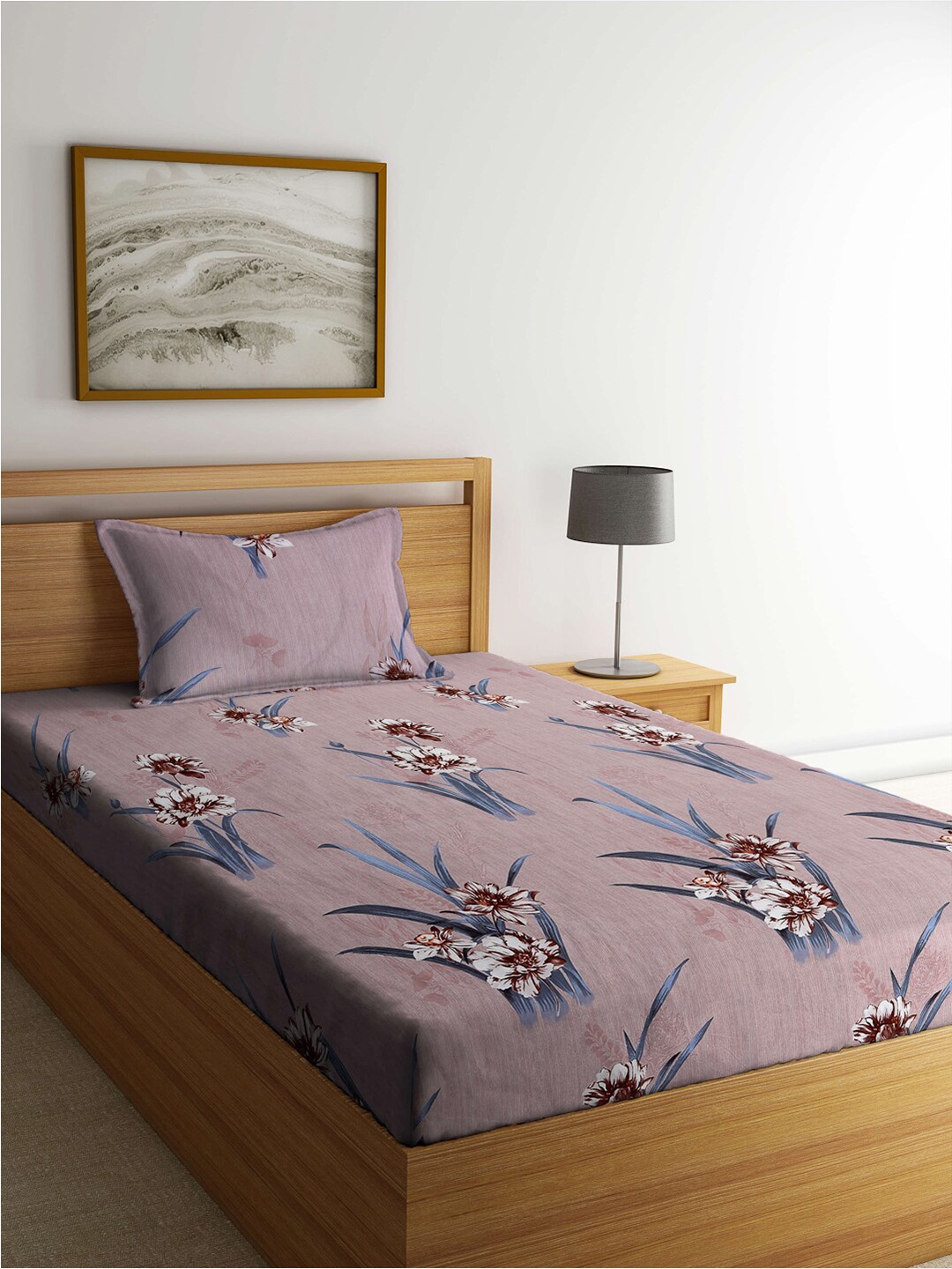 

FABINALIV Mauve & Blue Floral 300 TC Single Fitted Bedsheet with 1 Pillow Cover