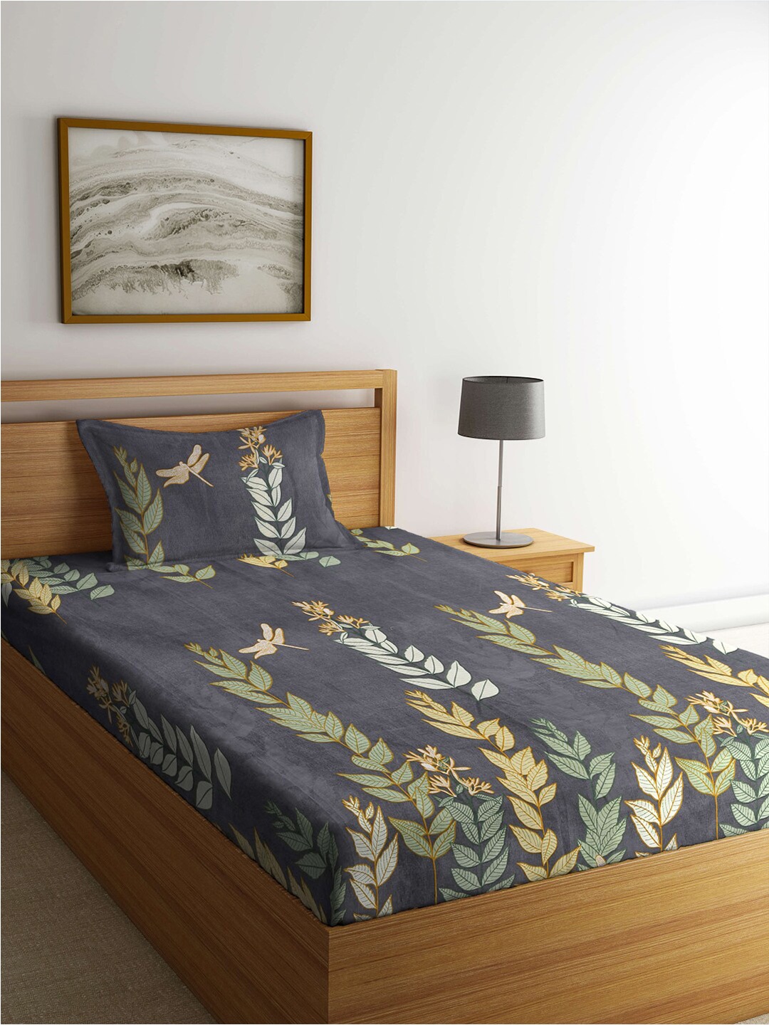 

FABINALIV Floral Print Polycotton 300 TC Single Fitted Bedsheet With 1 Pillow Cover, Grey
