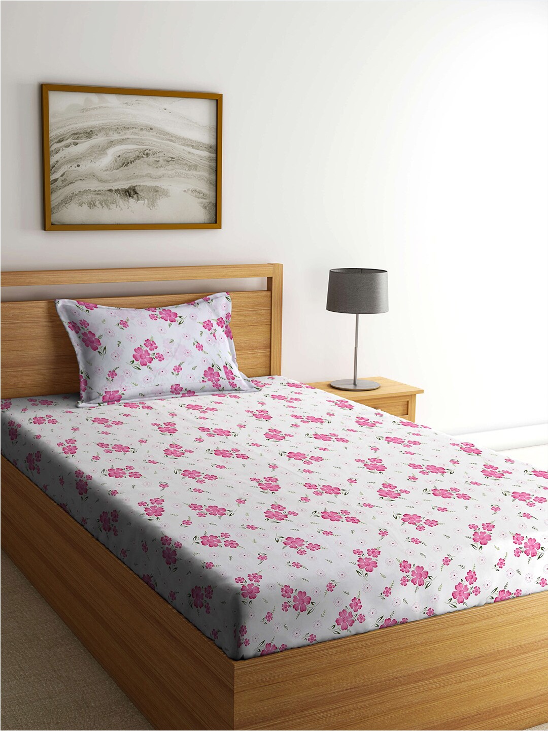 

FABINALIV White & Pink Floral Polycotton 300 TC Single Fitted Bedsheet With 1 Pillow Cover