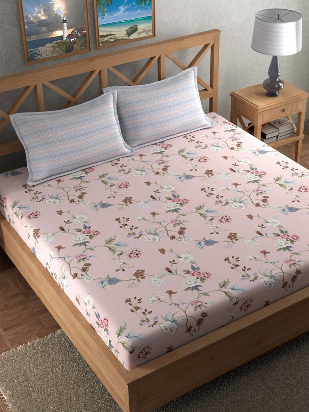 

DECOMIZER Pink & White Floral 210 TC King Bedsheet with 2 Pillow Covers