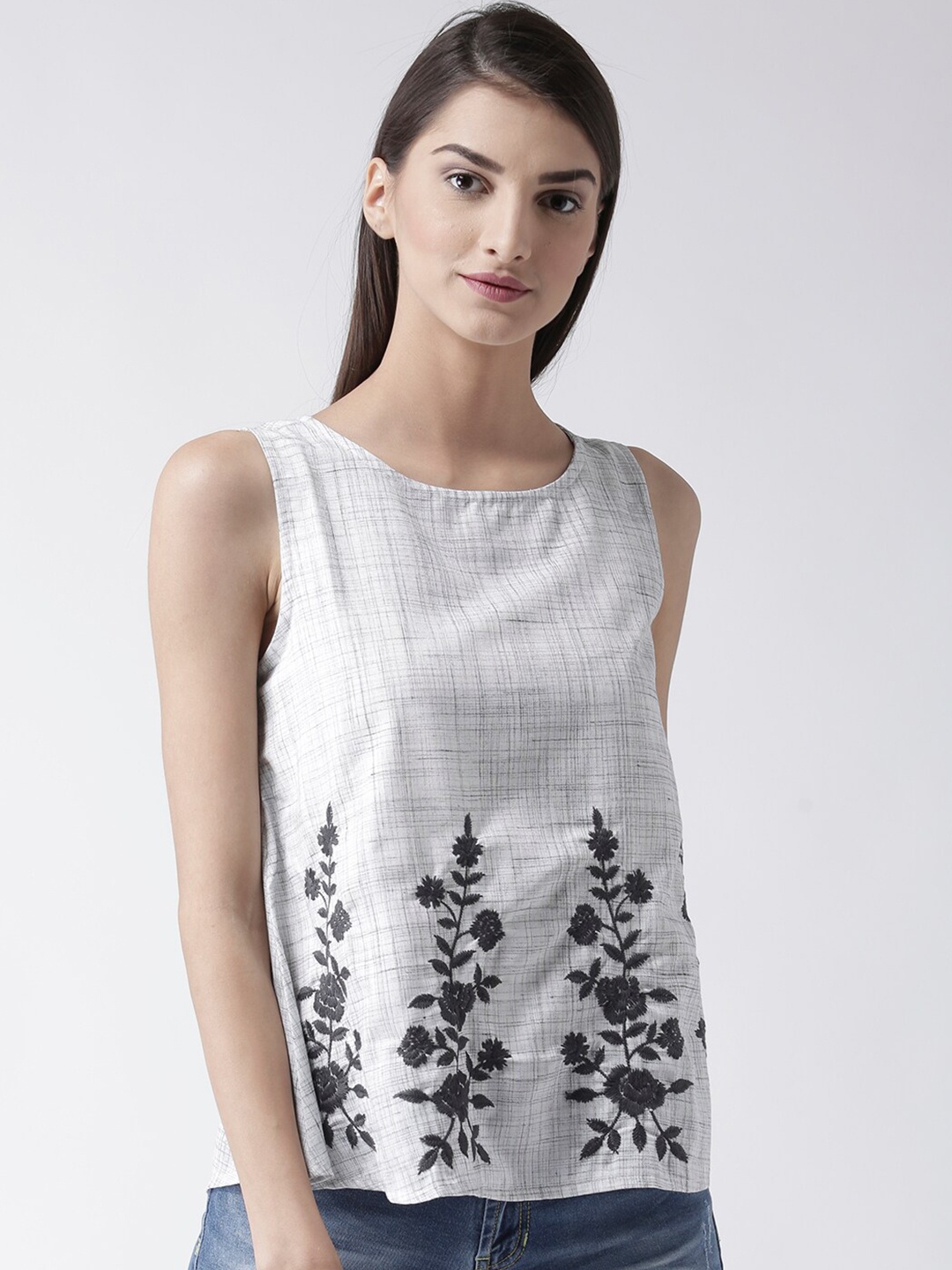 

Fusion Beats Grey Floral Embroidered Sleevless Regular Top