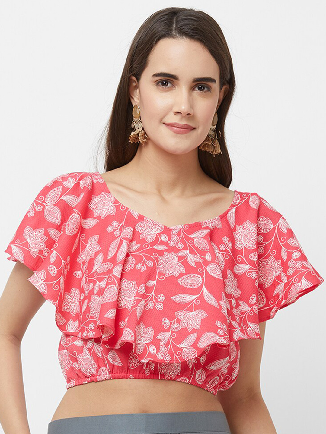 

Fusion Beats Floral Print Flutter Sleeve Blouson Crop Top, Pink