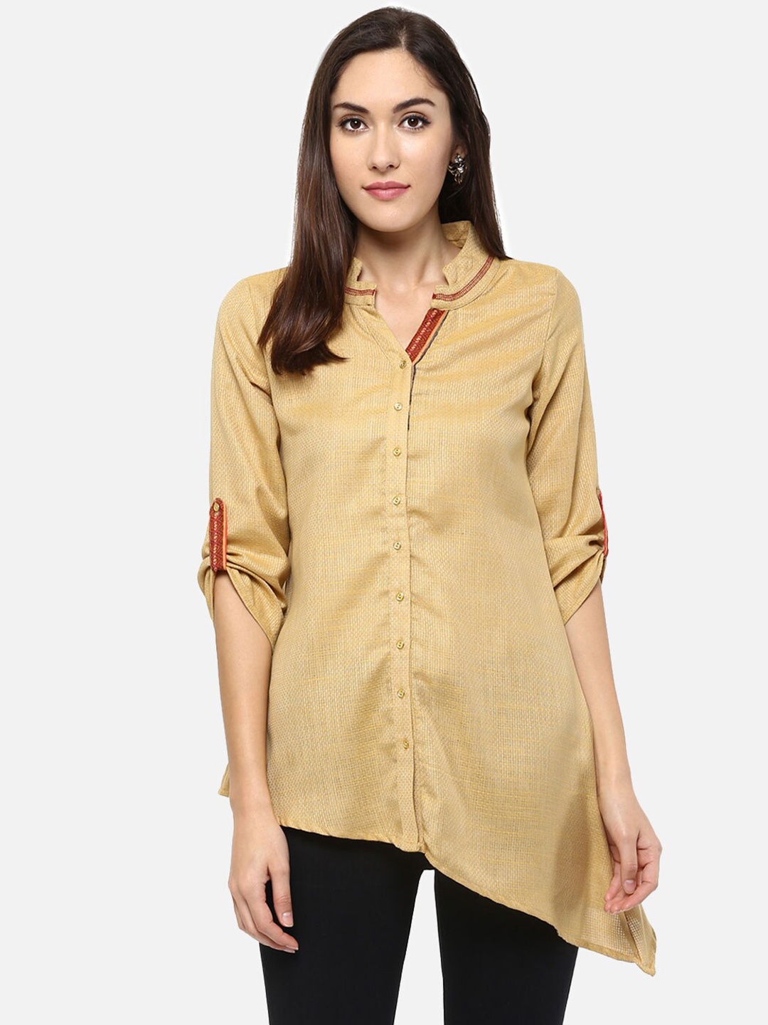 

Fusion Beats Mandarin Collar Roll-Up Sleeves Shirt Style Top, Yellow