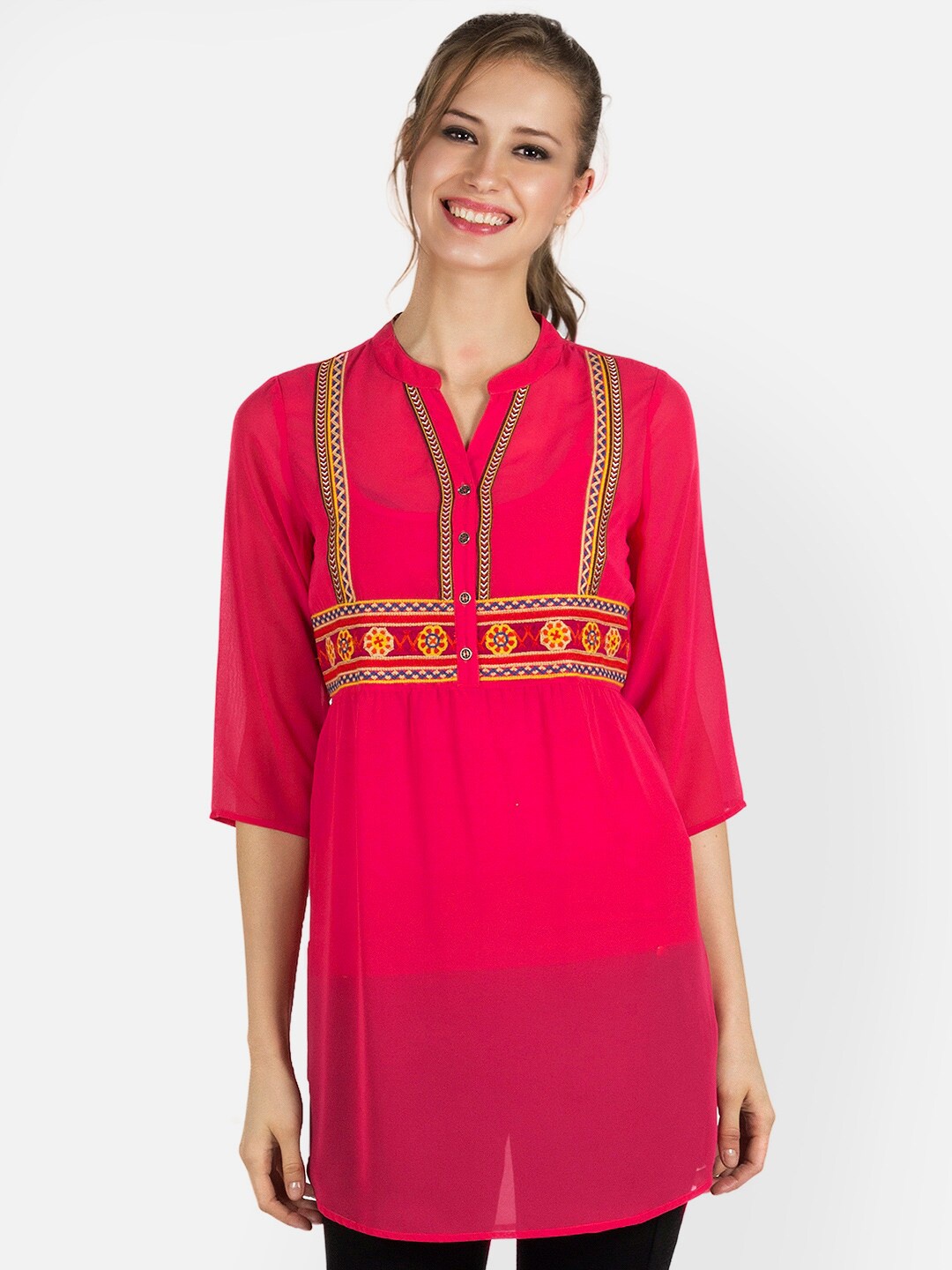 

Fusion Beats Embroidered Mandarin Collar Tunic, Pink