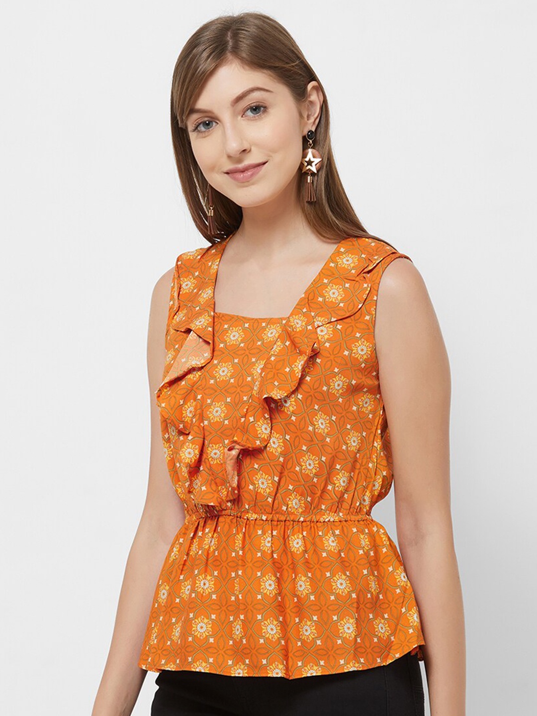 

Fusion Beats Floral Print Square Neck Ruffle Detail Cinched Waist Top, Orange