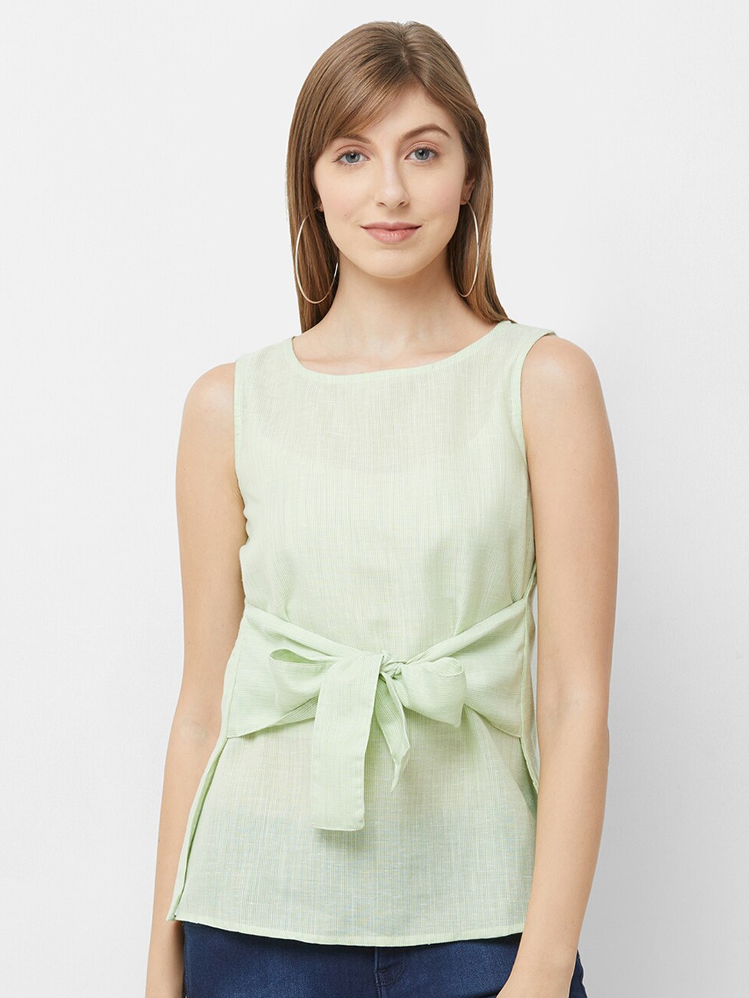 

Fusion Beats Round Neck Sleeveless Tie Ups Regular Top, Green