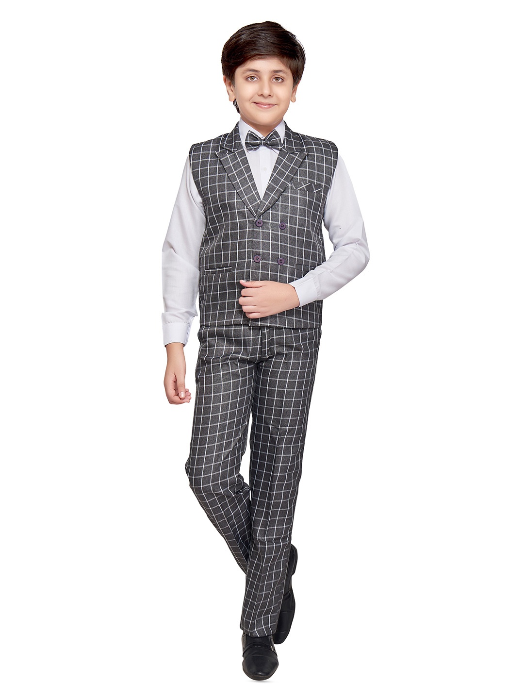 

BAESD Boys Checked Single-Breasted 3-Piece Suit, Grey