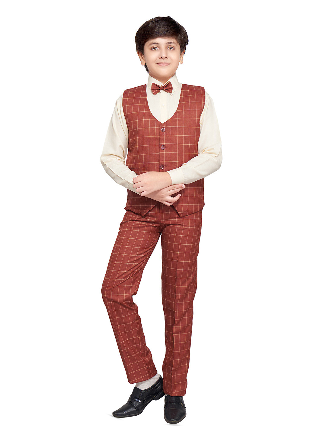 

BAESD Boys Set Of 4 Checked Waistcoat with Shirt & Trousers Suits, Brown
