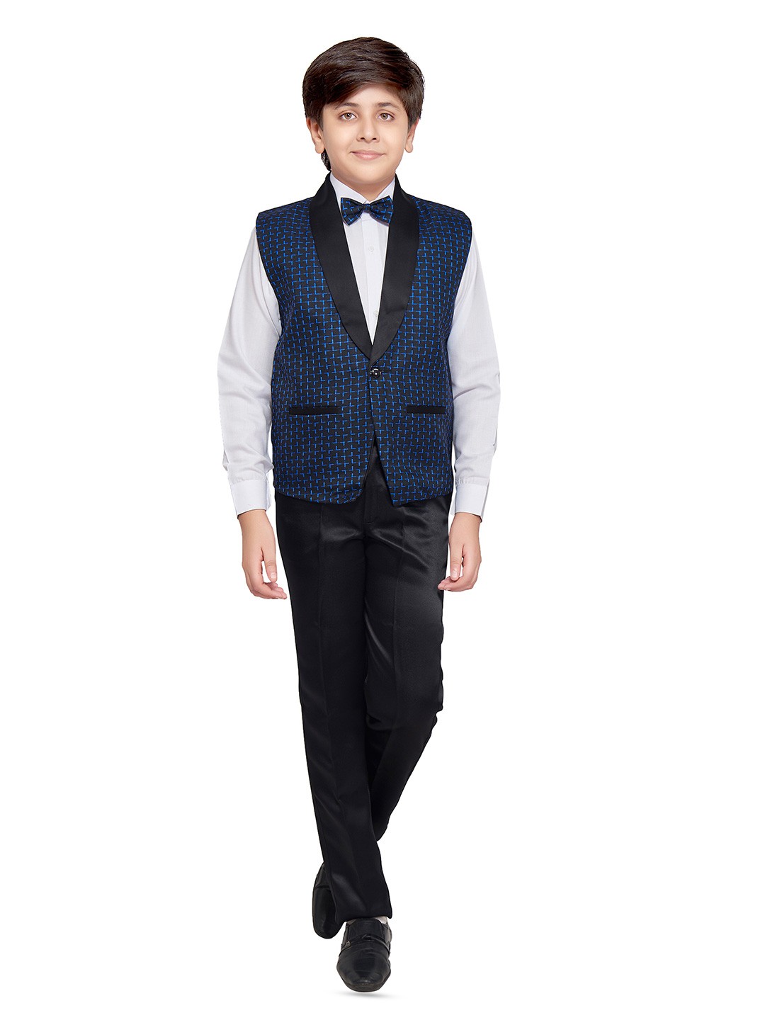

BAESD Boys Self Design Shirt With Trouser & Tuxedo Waistcoat 3-Piece Suit, Blue