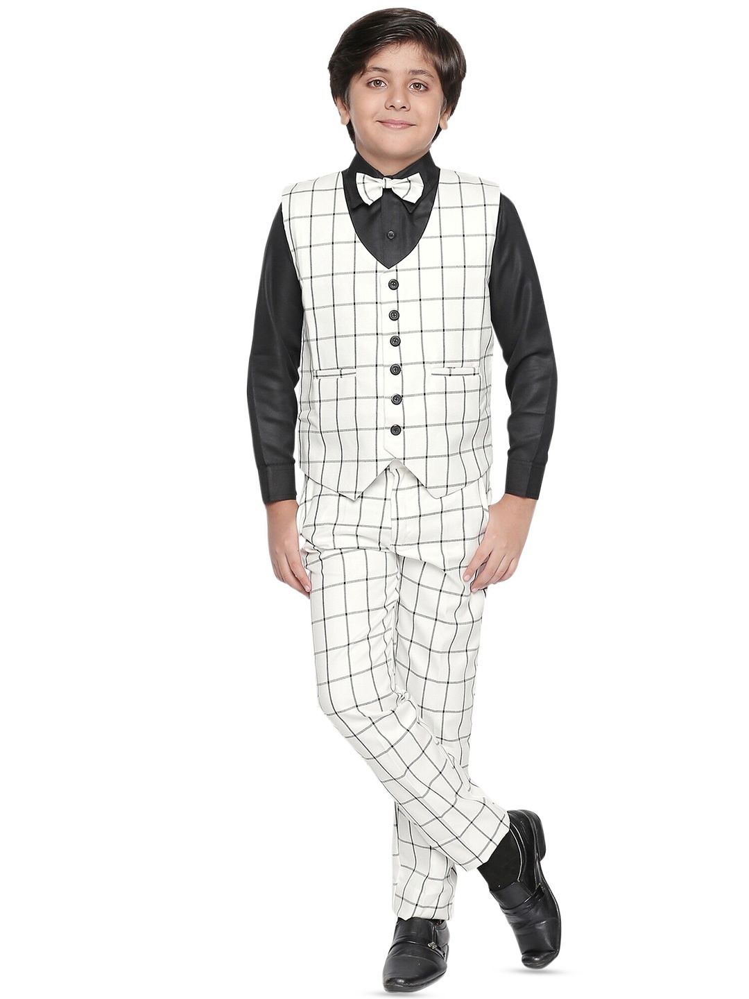 

BAESD Boys Set Of 4 Checked Waistcoat with Shirt & Trousers Suits, White