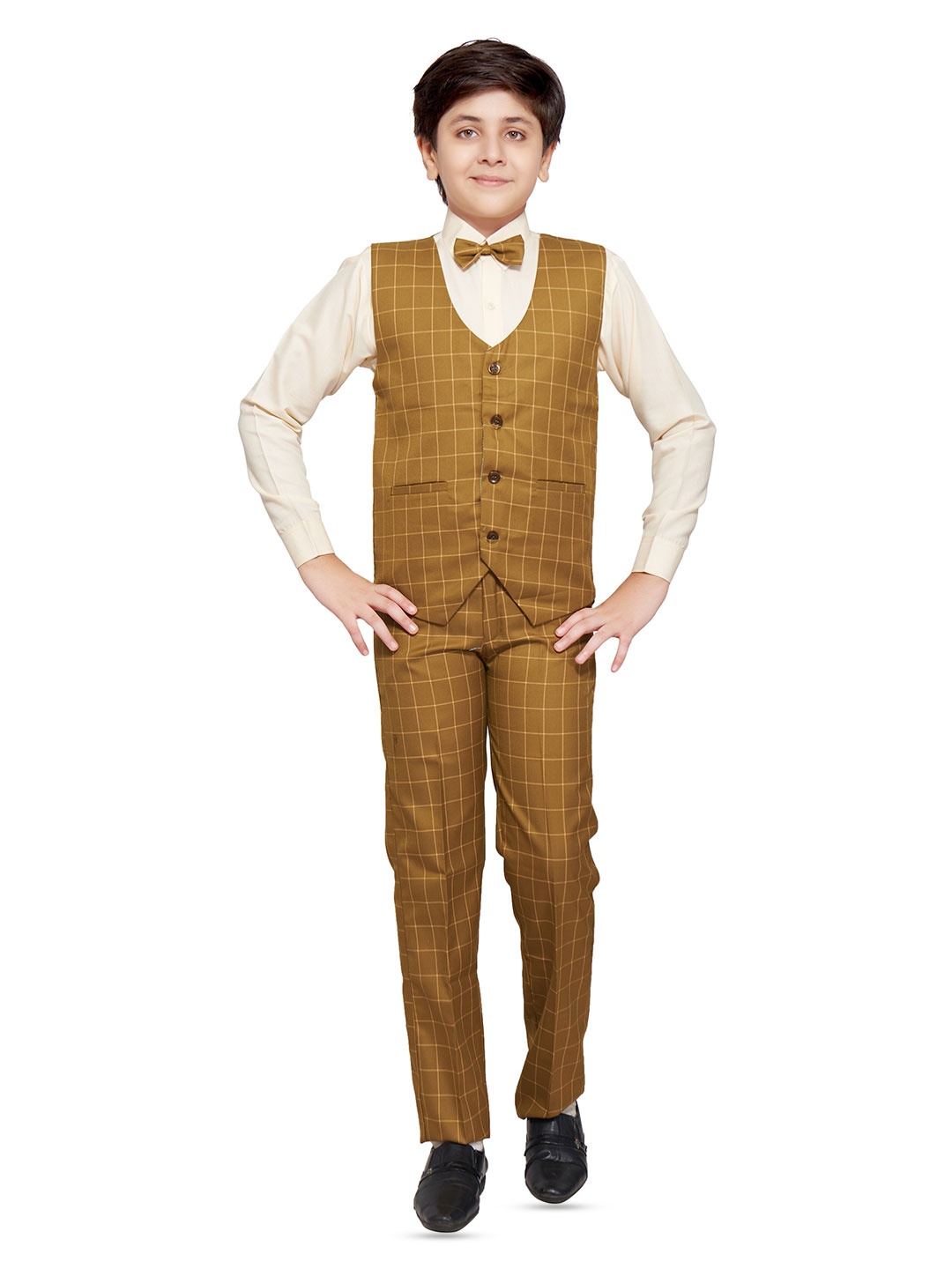 

BAESD Boys Set Of 4 Checked Waistcoat with Shirt & Trousers Suits, Khaki