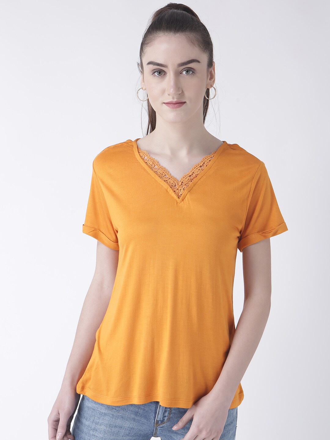 

Fusion Beats Lace Detail V-Neck T-shirt, Mustard