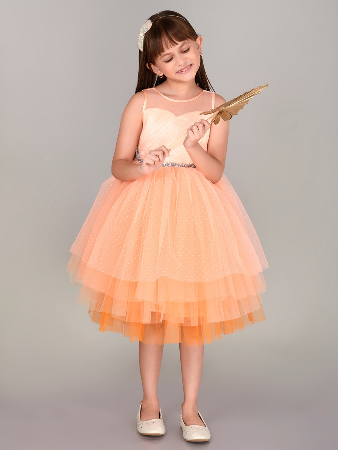 

Toy Balloon kids Girls Self Design Embellished Round Neck Fit and Flare Midi Dress, Orange