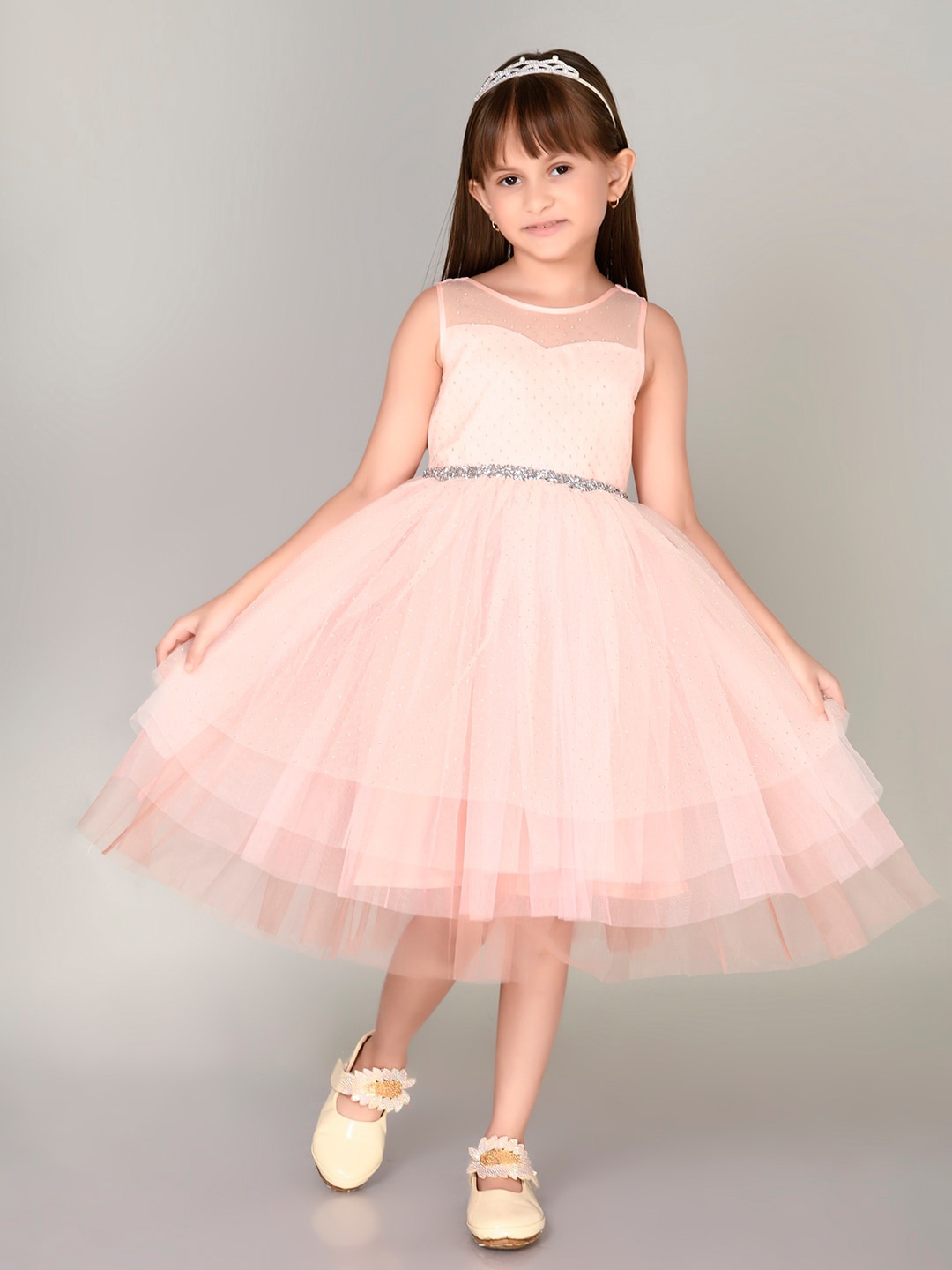 

Toy Balloon kids Girls Self Design Embellished Round Neck Fit and Flare Midi Dress, Peach