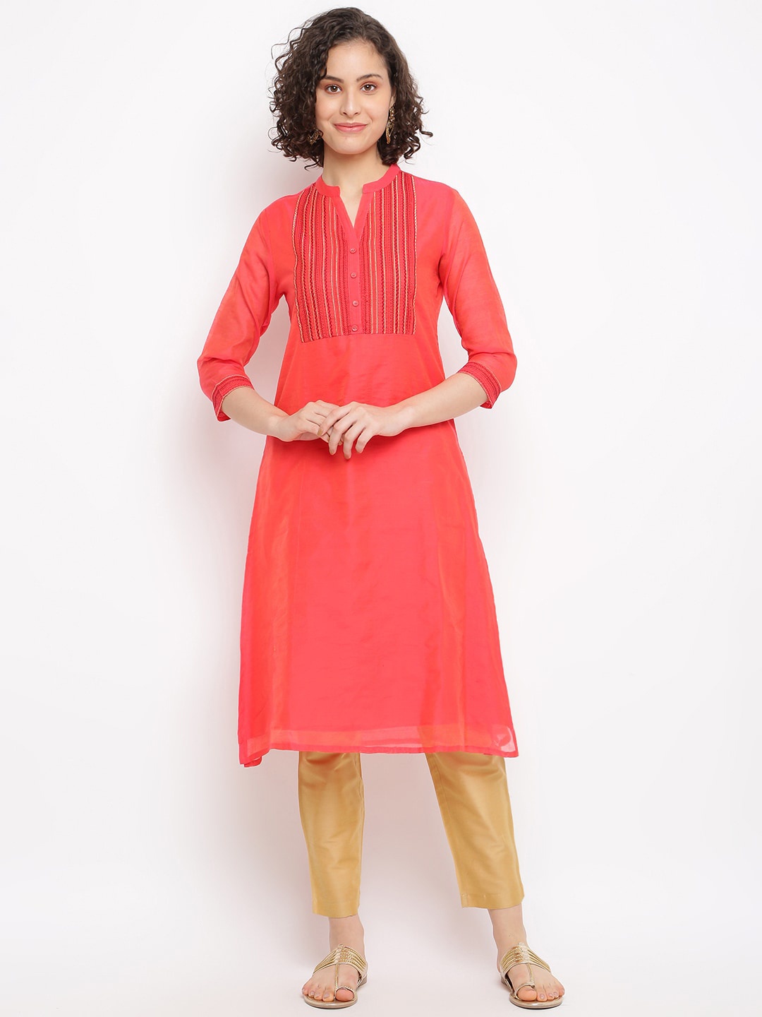

IMARA Yoke Design Thread Work Silk A-line Kurta, Coral