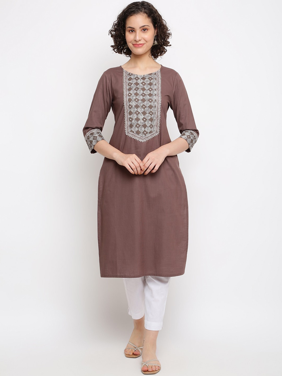 

IMARA Geometric Printed Gotta Patti Cotton Kurta, Brown