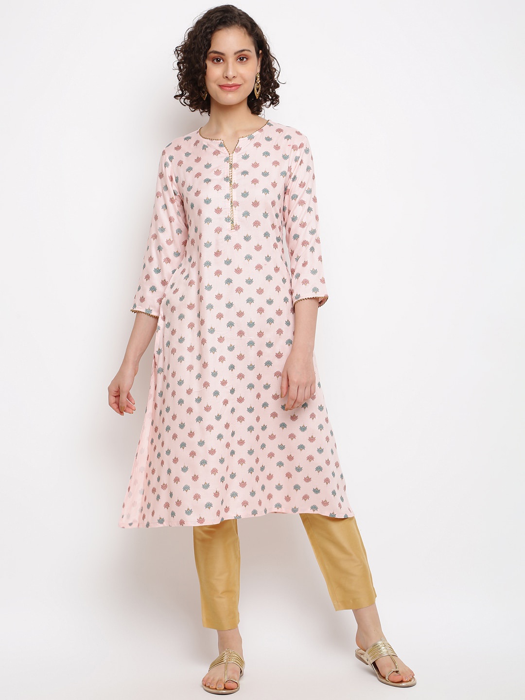 

IMARA Floral Printed Gotta Patti Straight Kurta, Pink