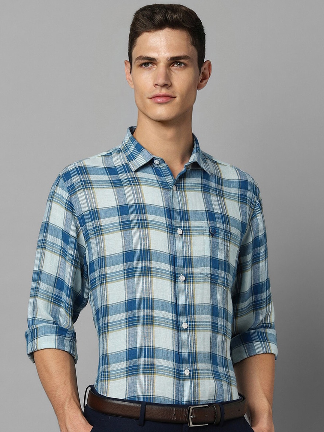 

Allen Solly Slim Fit Tartan Checks Pure Linen Casual Shirt, Blue