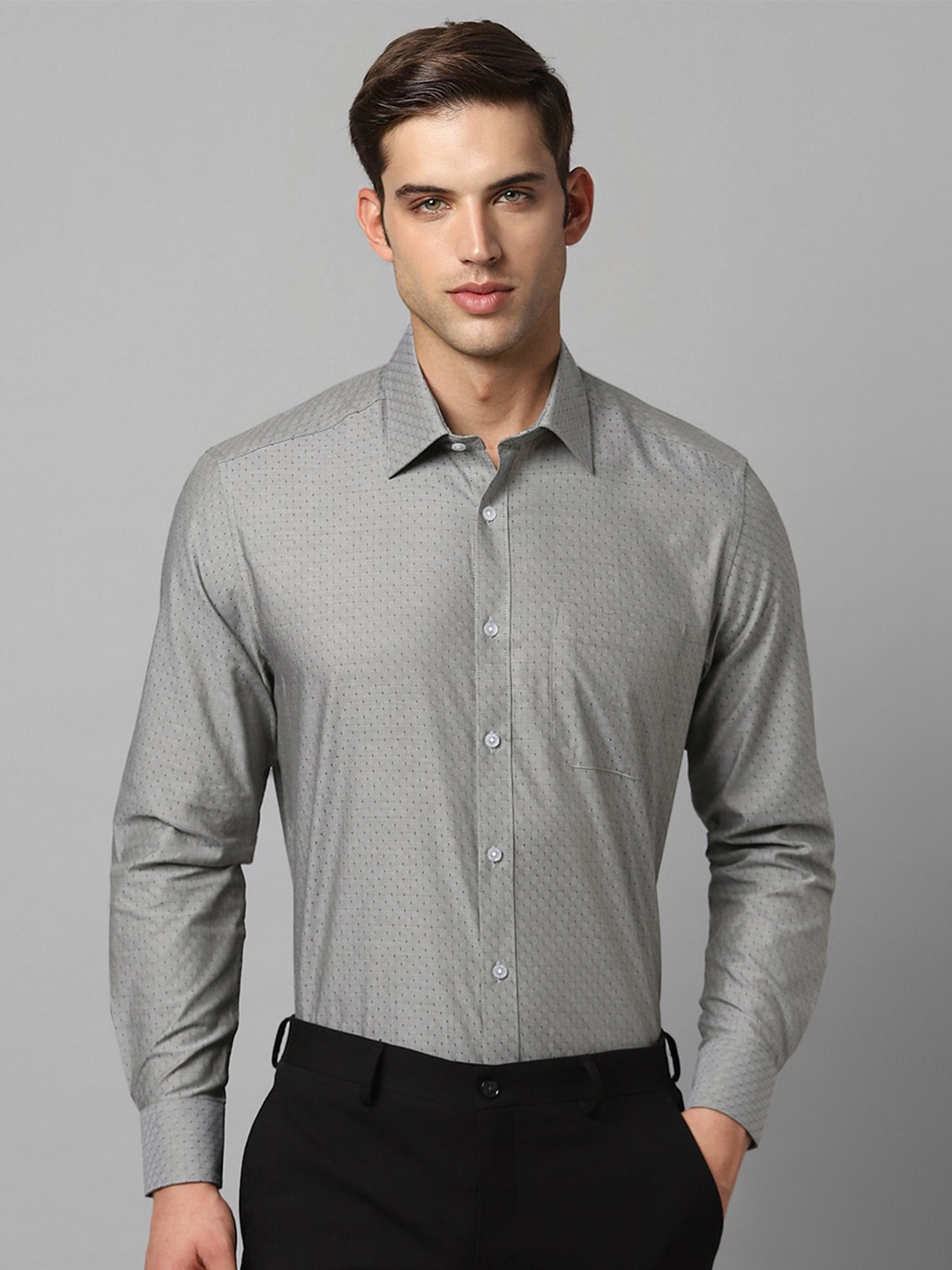 

Louis Philippe Classic Fit Micro Ditsy Printed Long Sleeves Cotton Formal Shirt, Grey